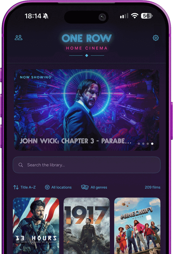 One Row Home Cinema app on an iPhone, showing a film library ready to book
