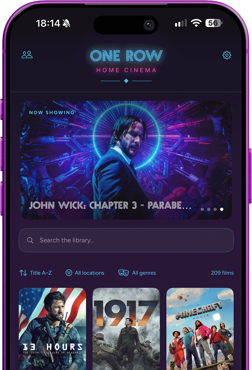 One Row Home Cinema app on an iPhone, showing a film library ready to book